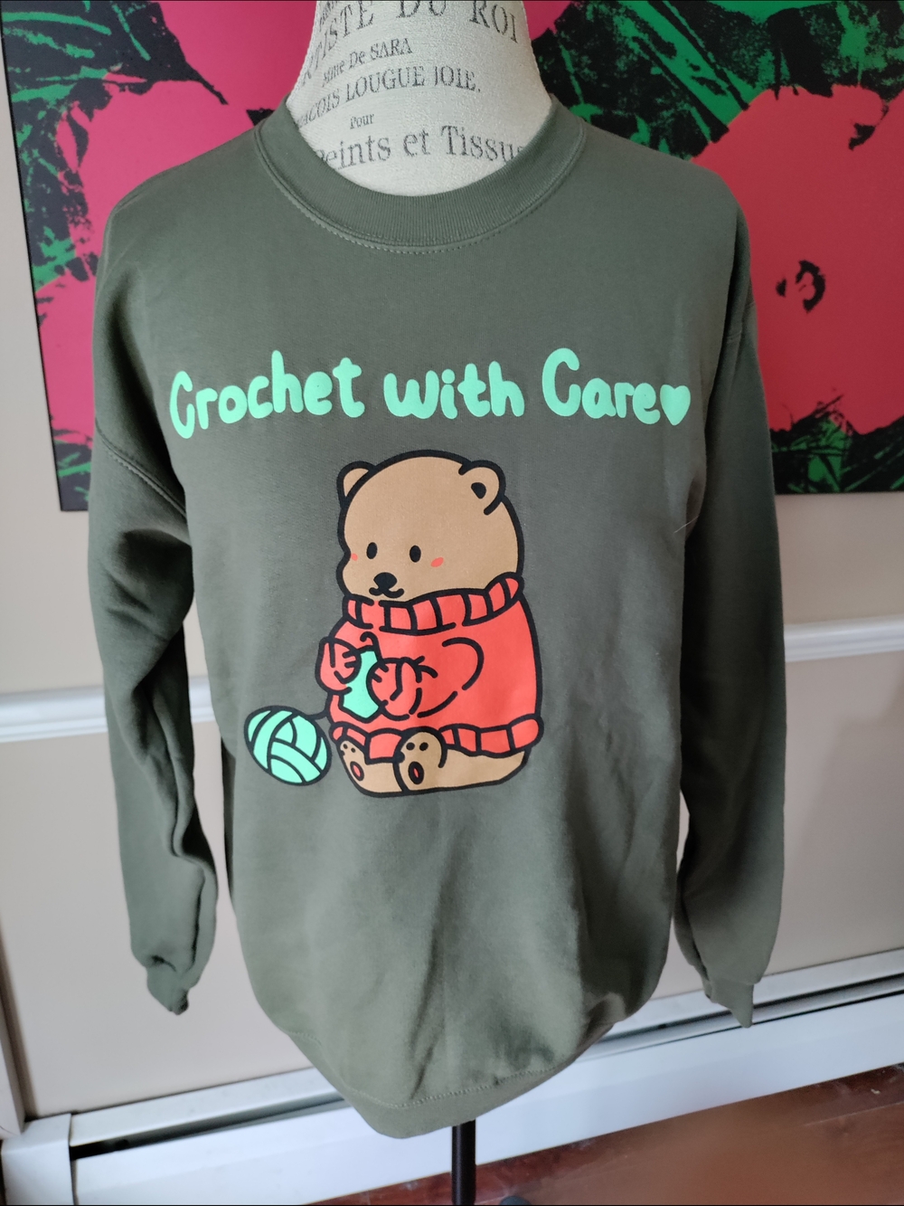 Women's Custom-Made Crochet With Care Graphic Crewneck Sweatshirt Size S